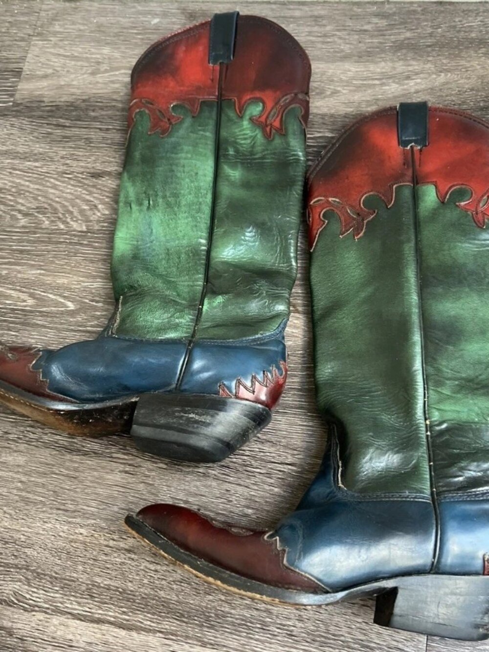 Vintage 80’s Teal Blue Cherry Red Leather Cowboy Boots West Texas Women’s Sz 9